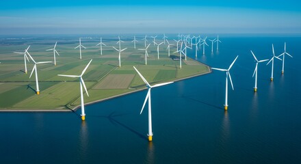 Aerial view of numerous wind turbines standing offshore and inland, generating renewable energy
