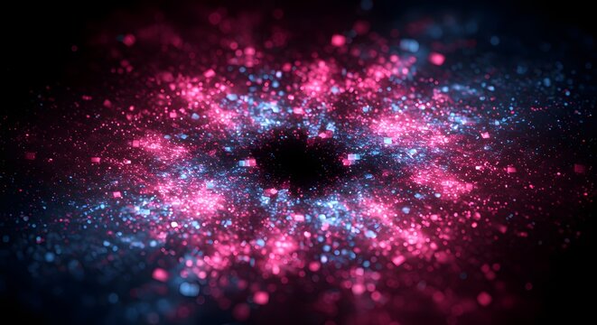 Abstract artwork of a central dark void surrounded by glowing pink and blue particles