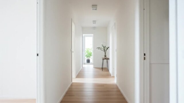 A hallway with wooden floorboards white walls and several doorways leading to a window with plants