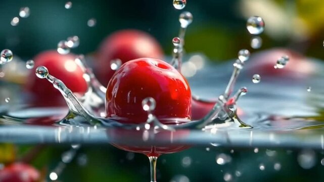 Fresh red cherry splash in water with droplets, refreshing fruit concept. Seamless looping time-lapse animation video background