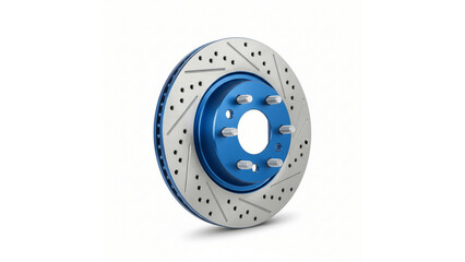 New blue and silver car brake disc with perforations, isolated transparent background.