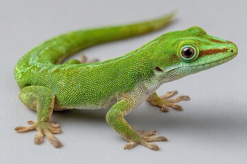 Fototapeta premium Vibrant green gecko clinging on a light grey background