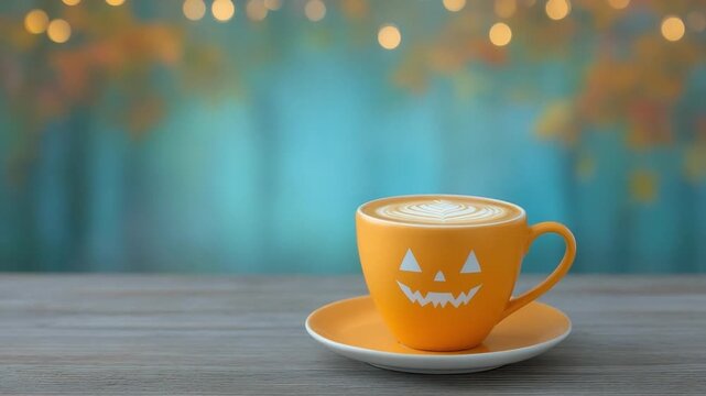 Spooky Halloween Coffee Cup with Pumpkin Face and Cream Art on Wooden Table Against Blurred Colorful Background