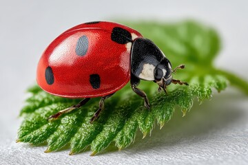 Detailed ladybug with red shell on a green leaf close up
