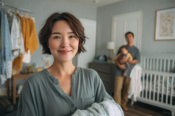 Obraz premium Smiling mother holds baby blanket as father cradles child in cozy nursery