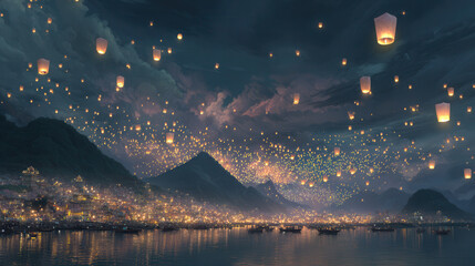 Colorful lanterns fill the night sky over a serene lake surrounded by mountains and a vibrant village at dusk