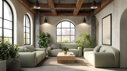 Fototapeta premium Modern living room with comfortable sofas and large windows in a stylish urban space
