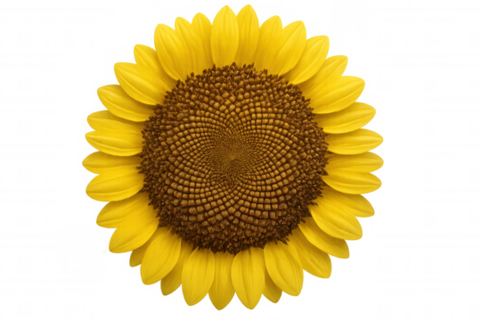Isolated sunflower head presenting bright yellow petals and a brown seed center on transparent background
