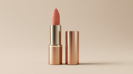 Stylish lipstick in elegant packaging showcasing a soft pink shade on a neutral background