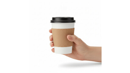 Female hand holding a disposable paper coffee cup with a black lid on an isolated transparent background.