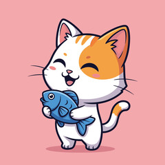 Obraz premium Adorable white and orange spotted cat winking and happily holding a blue fish, vector cartoon illustration.