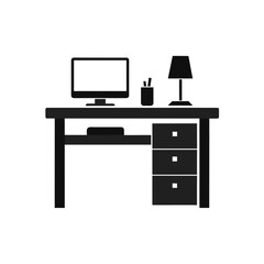 Black desk with computer and lamp drawing on transparent background silhouette