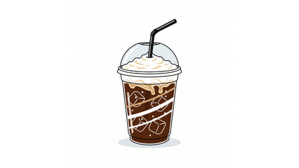 Refreshing iced coffee in a clear plastic cup with whipped cream and a straw, perfect for a cold beverage, isolated on a transparent background.