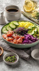 Colorful sushi bowl with fresh salmon, cucumber, and purple cabbage served at a modern dining table