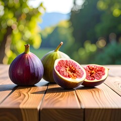 Figs, whole and sliced, rest on a wooden table with blurred greenery backdrop