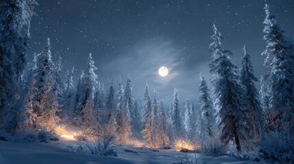 A serene snowy forest at night with a full moon shining brightly over frost-covered trees, creating a magical winter scene.