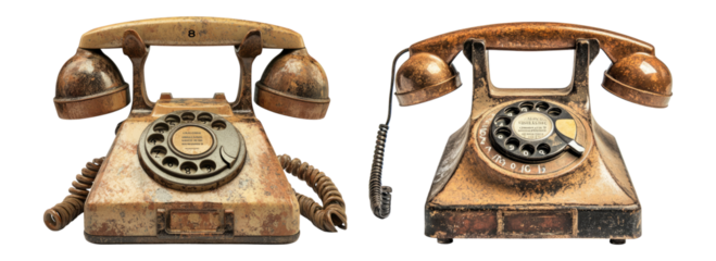 Vintage rotary telephones showcasing worn details and unique designs Isolated Transparent Background
