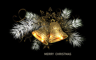 Merry Christmas. Isolated composition of a golden bell and fir tree branches.