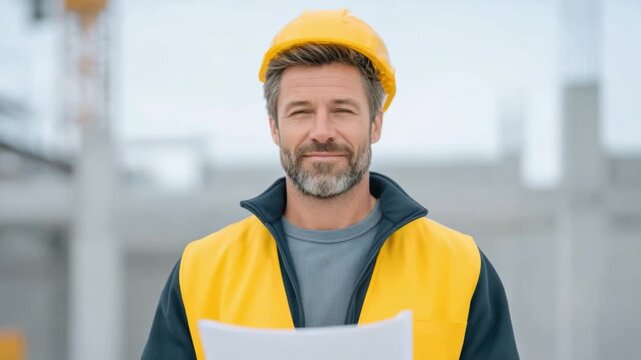 Construction worker smiling while holding blueprints on a job site, showcasing dedication and teamwork in the building industry - Powered by Adobe