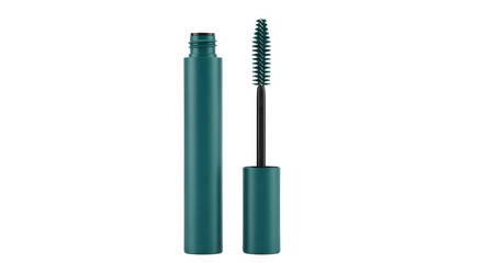 Teal mascara tube and brush applicator for eyelashes isolated PNG with Transparent Background