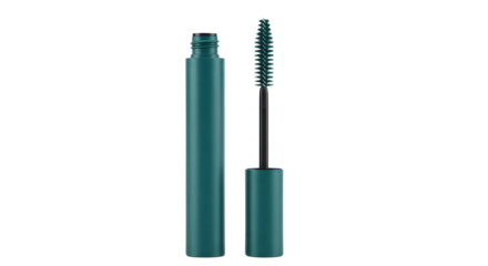 Teal mascara tube and brush applicator for eyelashes isolated PNG with Transparent Background