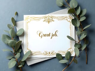 White card with gold Great job script and ornate border lies on grey envelopes, horizontal composition. Fresh green eucalyptus sprigs elegantly frame this flat lay, conveying appreciation.