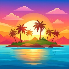 A tropical sunset scene with a small island featuring palm trees against a vibrant sky and water