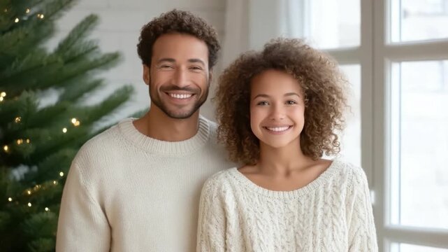 Joyful family moments during winter holiday season with smiling parents and children by a festive decorated Christmas tree
