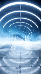 A tunnel bathed in cool blue light, lined with neon rings and a reflective, tiled floor