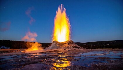 Sinter geyser cone erupts at blue hour with backlit steam plume glowing amber and cobalt star points emerging and wet mineral terraces shining with copy space