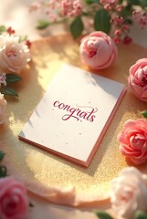 A white congrats card with red script rests on a glittering gold surface, vertical composition. Soft pink blossoms frame the scene, with warm light and bokeh evoking a festive, joyful ambiance.