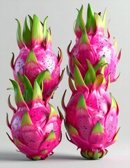 Four vibrant pink and green dragon fruits arranged in a vertical stack