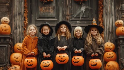 Cheerful children in Halloween costumes posing with pumpkin buckets in front of an old spooky house surrounded by carved pumpkins - Powered by Adobe