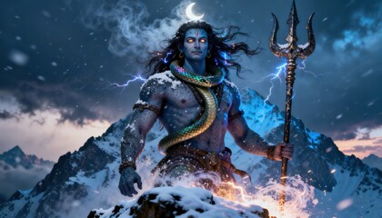 Lord shiva emerges from snowy mountains with trident, embodying divine power and cosmic energy