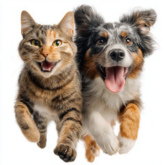 Fototapeta premium Cats and dogs joyfully playing together in a bright indoor space with cheerful expressions