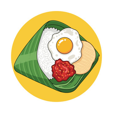 Iconic Nasi Bungkus Meal with Conical Rice, Fried Egg, Sambal, and Crackers in Banana Leaf Wrap, Yellow Background.