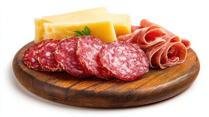 Obraz premium Artfully arranged charcuterie board with assorted meats and cheeses for a delightful snack or appetizer