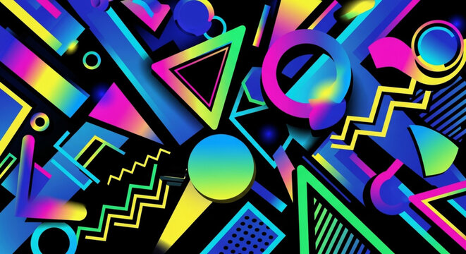 Energetic geometric composition with vibrant shapes and colors, creating a dynamic and visually striking abstract design against a dark background