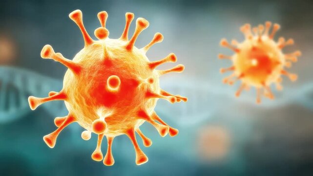 Close-up View of Colorful Virus Representation with DNA Strands in Background for Scientific and Educational Purposes