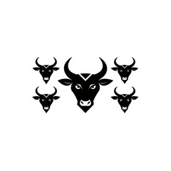 Five stylized bull heads in black color on transparent background silhouette
