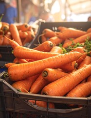 Freshly harvested carrots overflowing from a produce crate, warm lighting