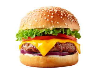Juicy cheeseburger with sesame seed bun lettuce tomato onion, Isolated On White Background, Png Transparent