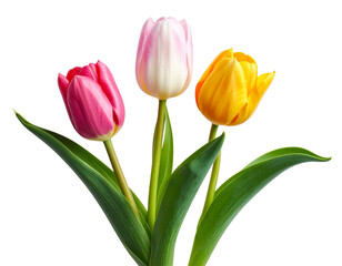 Fototapeta premium A vibrant bouquet of fresh pink tulips blossoms, isolated on a clean white background, signaling the beauty of spring
