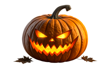 Scary carved pumpkin with glowing orange eyes and mouth