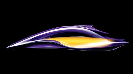 Side profile of an innovative purple and yellow futuristic vehicle, embodying speed and advanced aerodynamic design for future transport