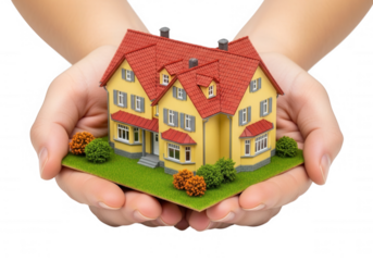 Miniature yellow house held gently isolated on a transparent background