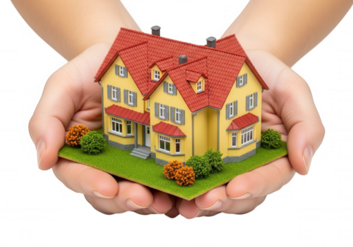 Miniature yellow house held gently isolated on a transparent background