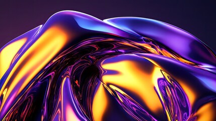 Abstract 3D Rendering of Fluid Shapes with Glossy and Reflective Surfaces in Purple and Gold