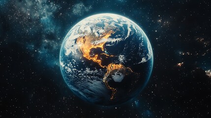 Fototapeta premium Glowing earth seen from space with city lights and stars