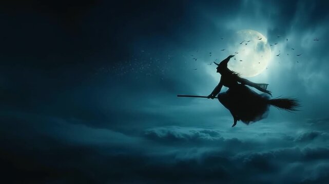 Mysterious silhouette of a witch casting a spell in a dark misty forest under a glowing full moon